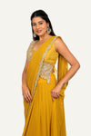 Mustard Yellow Imp Fabric & Fancy Cutwork Blouse With Ready To Wear Saree