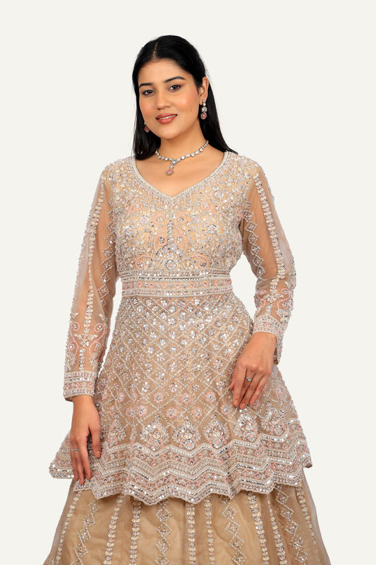Rose Gold Peplum Top and Skirt with Duppatta with Hand Work on Net Fabric