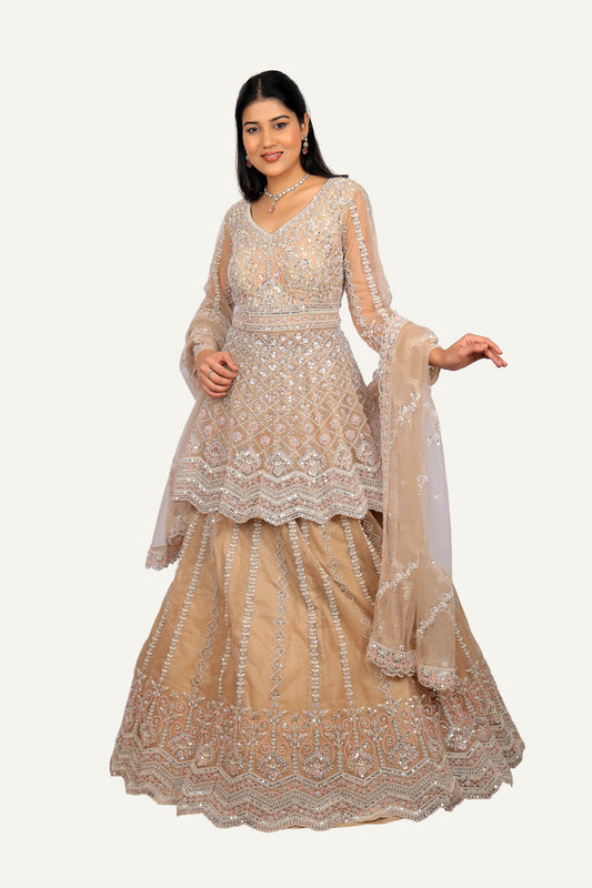 Rose Gold Peplum Top and Skirt with Duppatta with Hand Work on Net Fabric