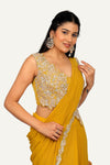 Mustard Yellow Imp Fabric & Fancy Cutwork Blouse With Ready To Wear Saree
