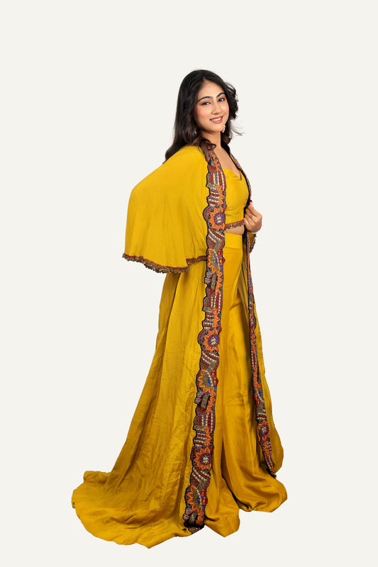 Full Flared Patch with Hand Work on Silk Shrug with Tube Blouse & Straight Silk Plazo