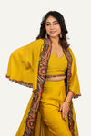 Full Flared Patch with Hand Work on Silk Shrug with Tube Blouse & Straight Silk Plazo