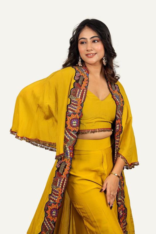 Full Flared Patch with Hand Work on Silk Shrug with Tube Blouse & Straight Silk Plazo