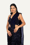 Navy Blue Sequence Fabric Fully Hand Work Blouse In Indo Western Saree