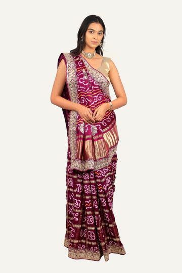 Magenta Gaji Silk Bandhani Saree with Gota Patti & Marodi Handwork