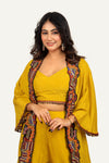 Full Flared Patch with Hand Work on Silk Shrug with Tube Blouse & Straight Silk Plazo