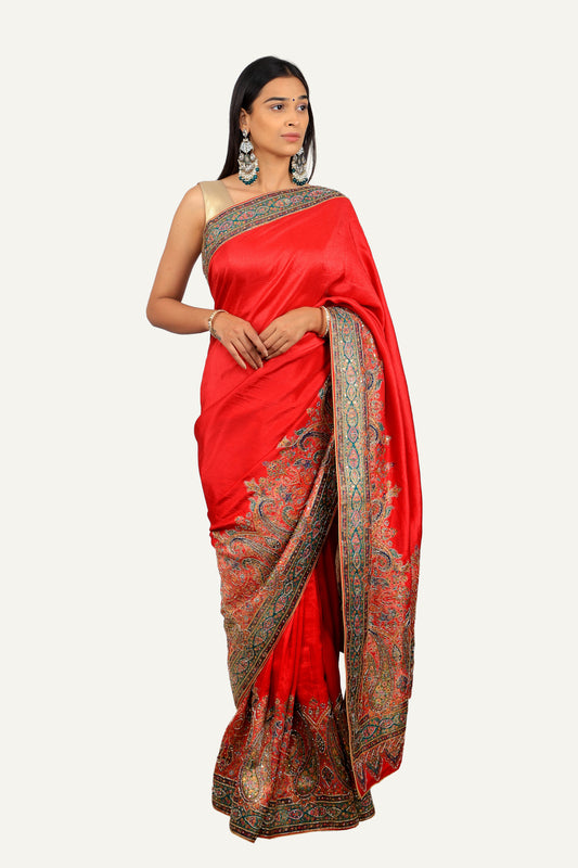 Cherry Red Modal Silk Minakari Weaving Handwork Saree