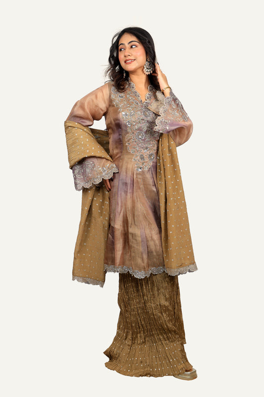 Tissue Silk Top with Handwork & Silk Crush Sharara with Scallop Border Duppatta