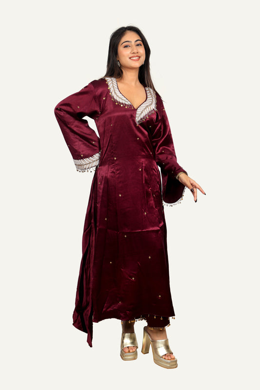Wine Gaji Silk Handwork Kurti Pant