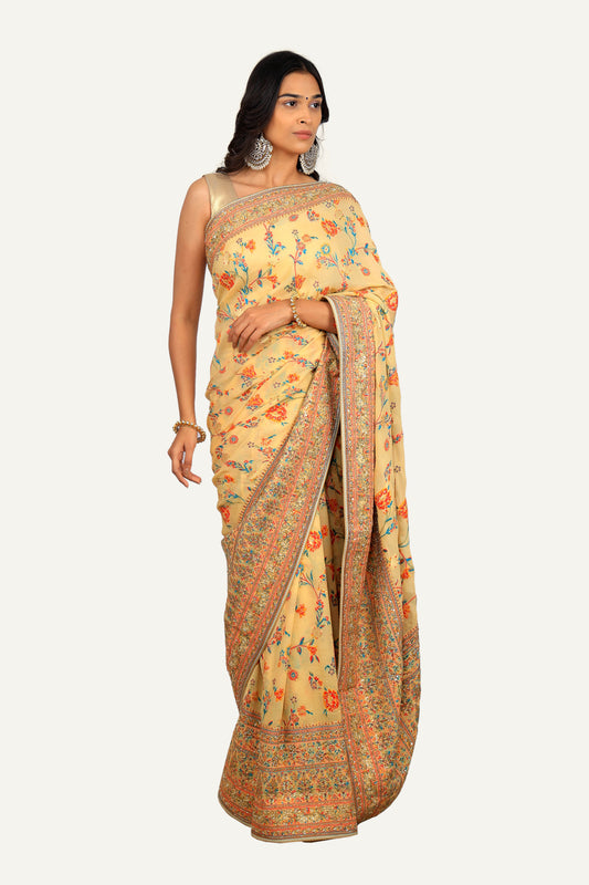 Cream Banarasi Georgette Minakari Hand Work Saree