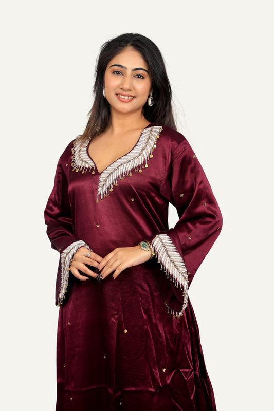 Wine Gaji Silk Handwork Kurti Pant