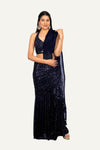 Navy Blue Sequence Fabric Fully Hand Work Blouse In Indo Western Saree