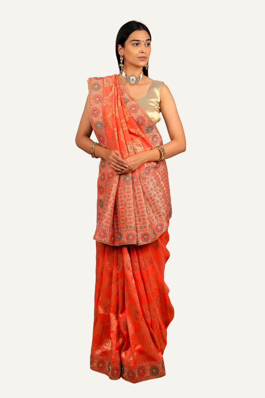 Orange Munga Silk Banarasi Weaving With Hand Work Saree