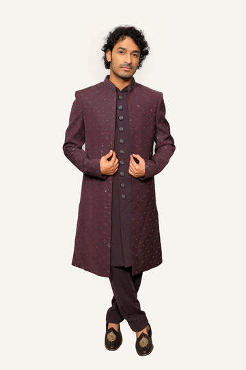 Purple Hand Printed Embroidery with Hand touch up Indowestern