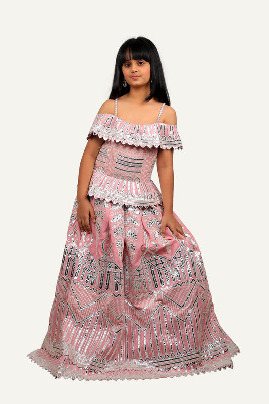 Baby Pink Leather Work Designer Gown