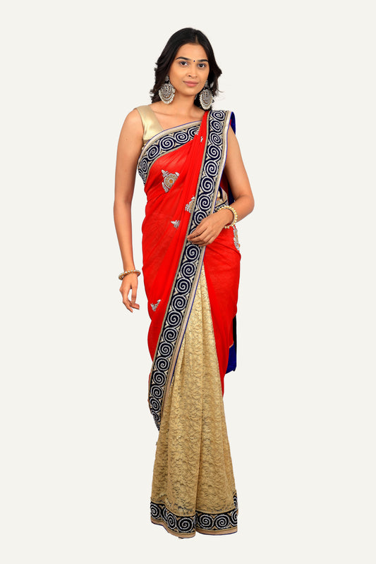 Red With Golden Half & Half Georgette & Chantilly Net Saree