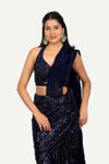 Navy Blue Sequence Fabric Fully Hand Work Blouse In Indo Western Saree