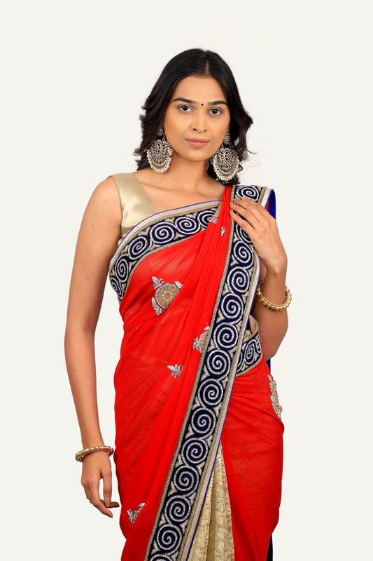 Red With Golden Half & Half Georgette & Chantilly Net Saree