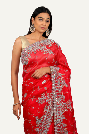 Pink Organza Saree with Hand Work Border & All-Over Jal Design