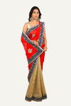Red With Golden Half & Half Georgette & Chantilly Net Saree
