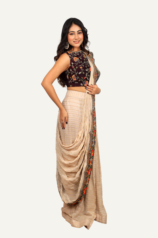Georgette Fabric Ready To Wear Heavy Handwork Blouse & Border Saree