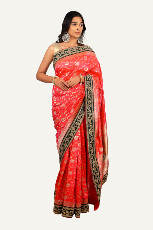 Pink Banarasi Hand Work Border Saree