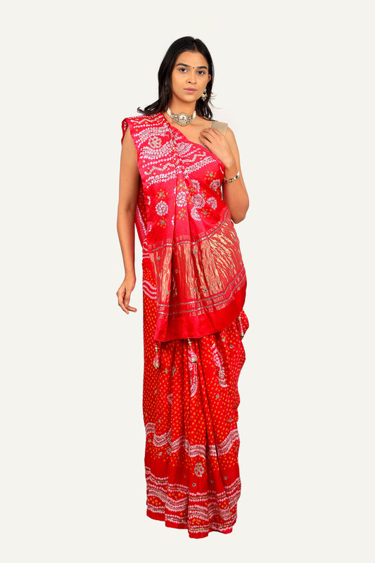 Gaji Silk Bandhni Saree With Lagadi Patto and Fully Handwork