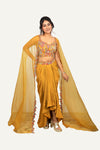 Mustard Yellow Drape Skirt Indowestern with Shrug & Hand Work Blouse