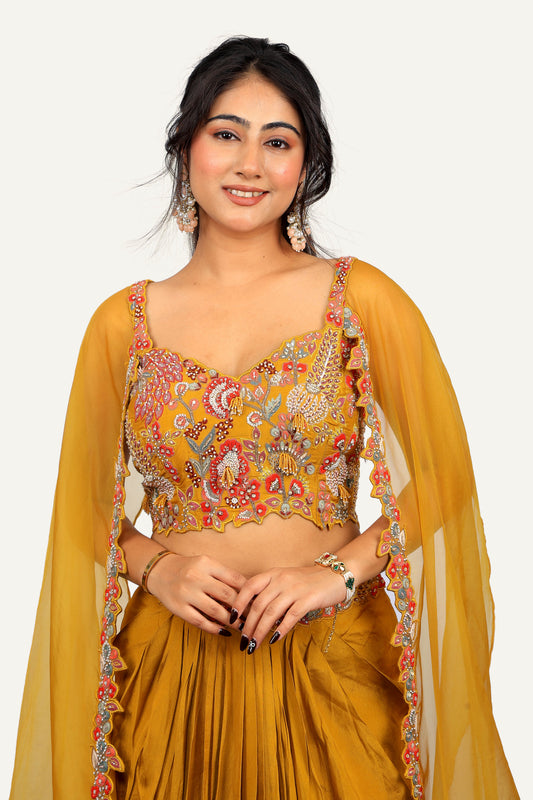 Mustard Yellow Drape Skirt Indowestern with Shrug & Hand Work Blouse