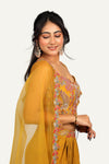 Mustard Yellow Drape Skirt Indowestern with Shrug & Hand Work Blouse
