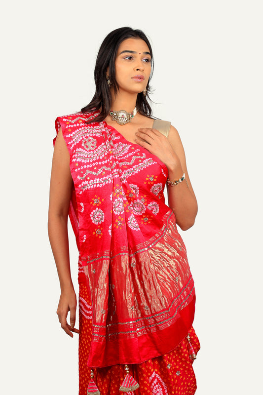 Gaji Silk Bandhni Saree With Lagadi Patto and Fully Handwork