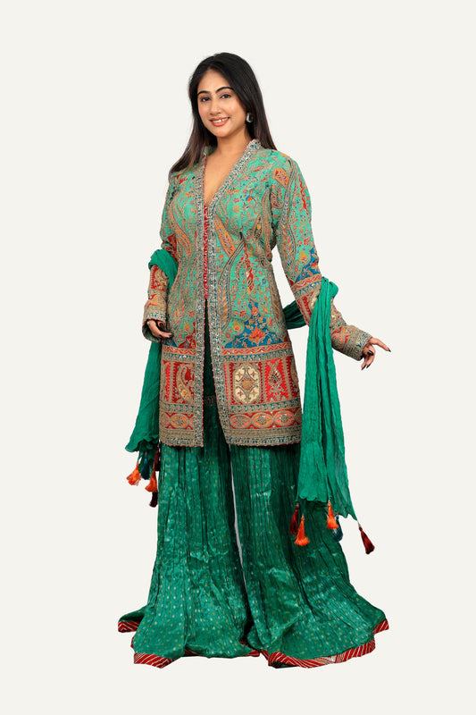 Pure Silk Green Sharara Set In Multi Color