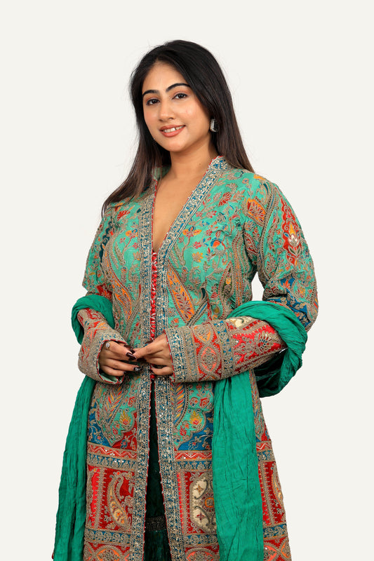 Pure Silk Green Sharara Set In Multi Color