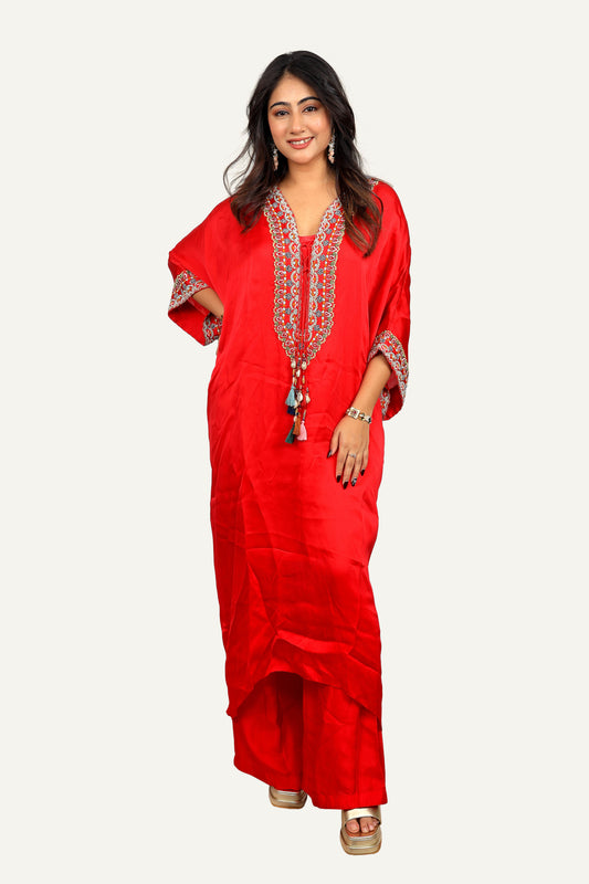 Red Muslin Silk Kaftan Top with Hand Embroidery & Straight Pant Plazo