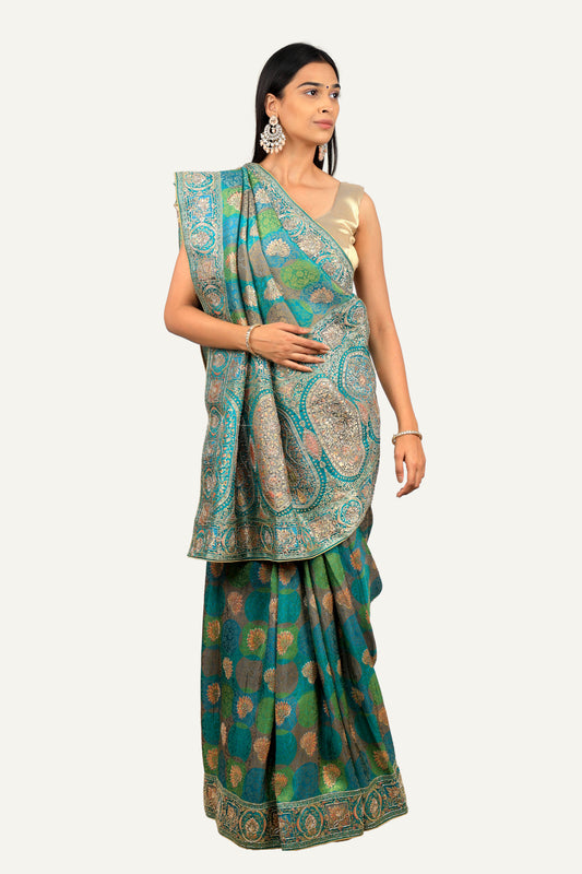 Rama Green Banarasi Weaving Handwork Saree