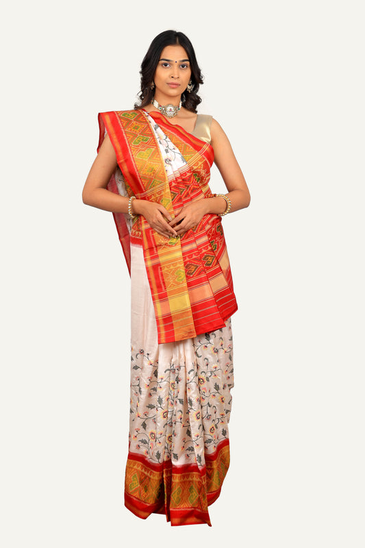 White Rajkoti Silk Patola Resham Work Saree