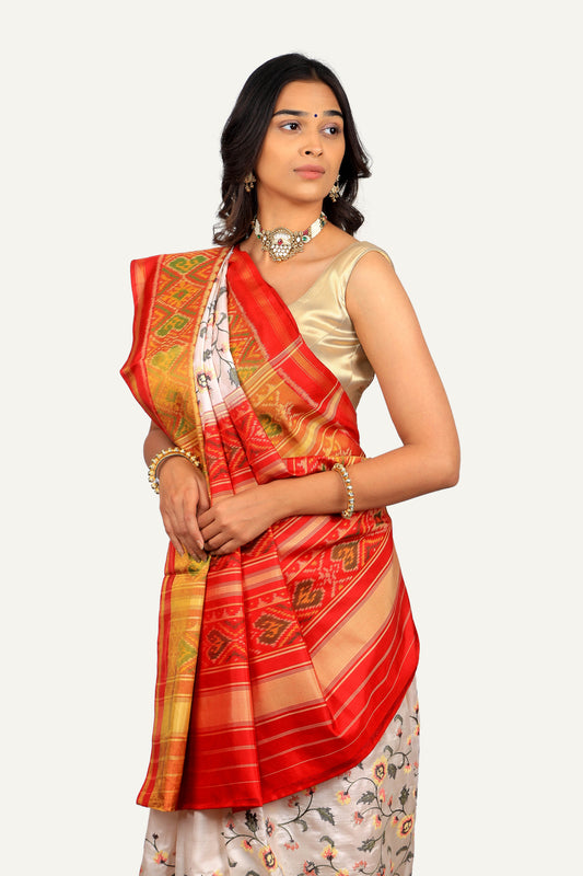 White Rajkoti Silk Patola Resham Work Saree