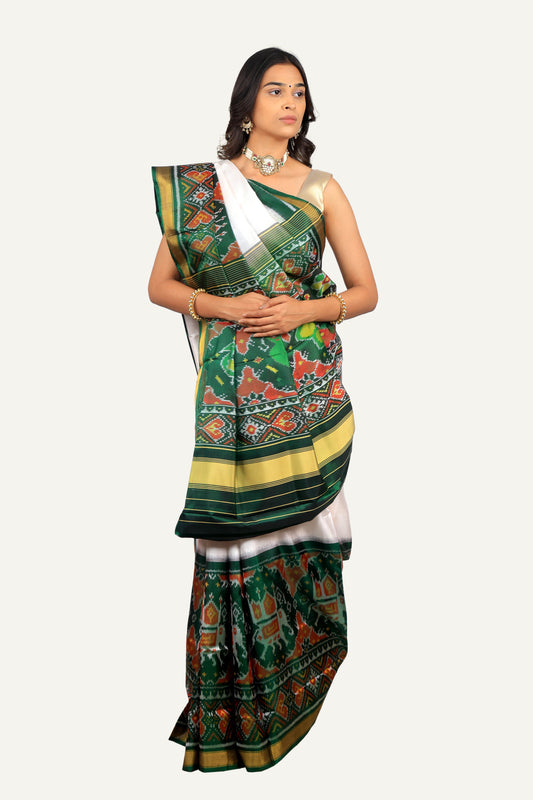 White & Green Rajkoti Silk Patola Saree