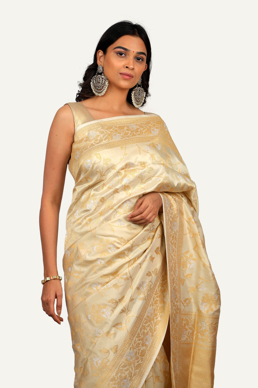Cream Pure Katan Silk Saree