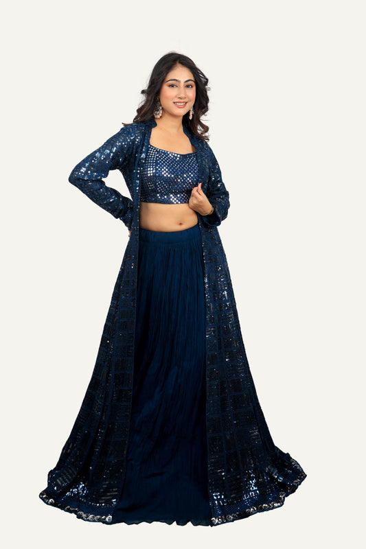 Teal Blue Sequence Long Jacket with Mirror Work Blouse & Georgette Plain Skirt