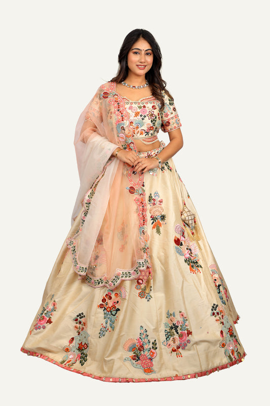 Raw Silk Resham & Zardosi Work Lehenga Choli