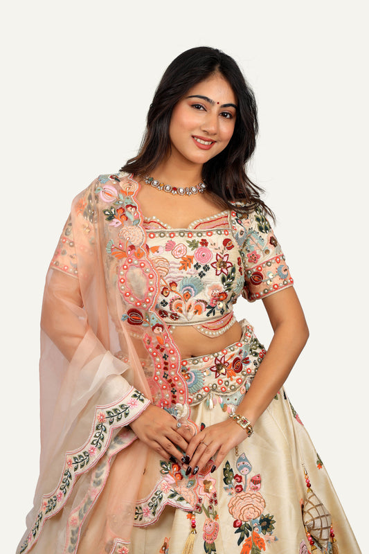 Raw Silk Resham & Zardosi Work Lehenga Choli