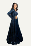 Teal Blue Sequence Long Jacket with Mirror Work Blouse & Georgette Plain Skirt