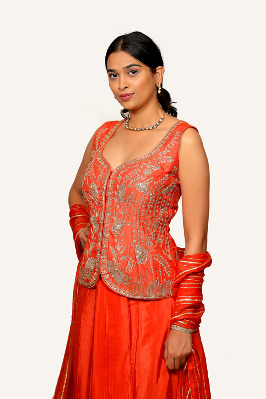 Orange Crepe Silk Dhoti Skirt Set