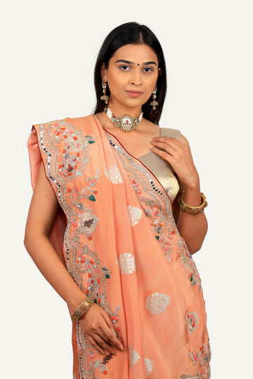 Peach Banarasi Tissue Silk Saree with Hand Work Borders & Butti