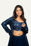 Teal Blue Sequence Long Jacket with Mirror Work Blouse & Georgette Plain Skirt