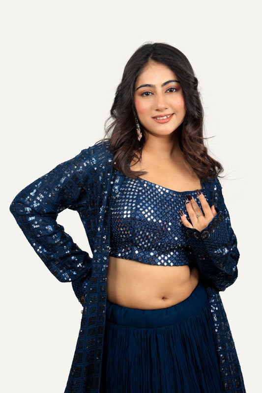 Teal Blue Sequence Long Jacket with Mirror Work Blouse & Georgette Plain Skirt