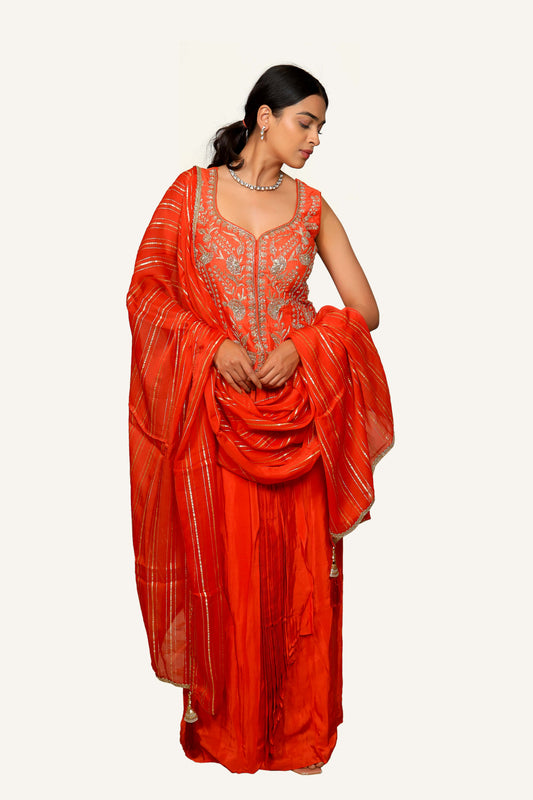Orange Crepe Silk Dhoti Skirt Set