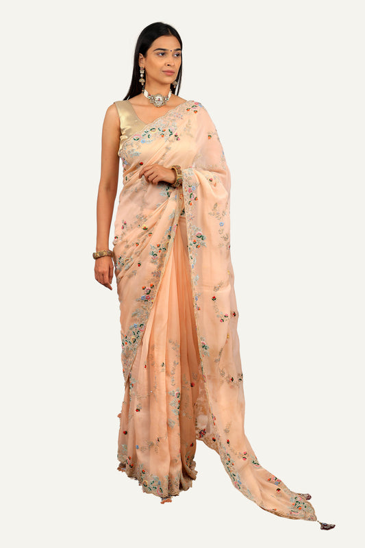 Light Peach Organza Hand Work Saree