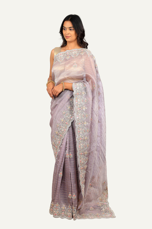 Laylac Colour Shimmer Tissue Handwork Border & Butti Saree